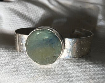 Half Shooter Marble blue green rustic worn marble sea glass bezel set textured Sterling Cuff