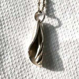 May include: A silver necklace with a twisted shell pendant. The chain is made of two strands of silver beads.