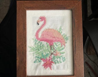 Pink Flamingo Tropical Cross Stitch Wall Art Handmade Framed Beachy Room Decor Summer Vibes Gift