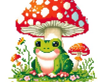 Frog Mushroom Cross Stitch Pattern PDF, Cute Woodland Animal Embroidery Design, Instant Download, Beginner Friendly Needlework Art