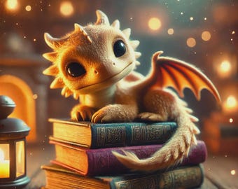 Dragon Cross Stitch Pattern PDF - Bookworm Baby Dragon with Books, Cozy Fantasy Library Embroidery, DMC Thread Color Key Included