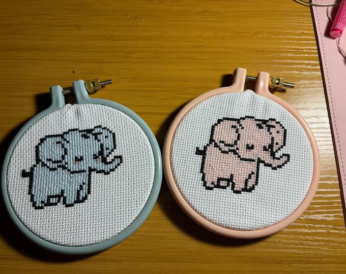 Featured listing image: Gender Reveal Baby Elephant Cross-Stitch – Handmade Nursery Gift in Your Color Choice, Perfect Baby Shower Decor & Keepsake