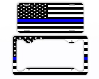 Thin Blue Line American Flag Car License Plate Frame, Police Support