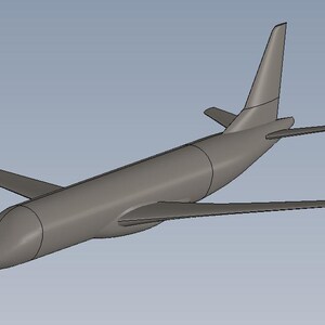 Può includere: Modello di aereo grigio con fusoliera aerodinamica, ali e coda. Le ali sono rivolte all'indietro e la coda presenta uno stabilizzatore verticale e stabilizzatori orizzontali. Il modello è ambientato su uno sfondo azzurro.