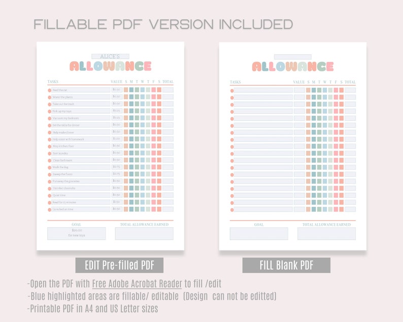 Allowance Chore Chart Editable Printable Earn Money Chart for Kids ...