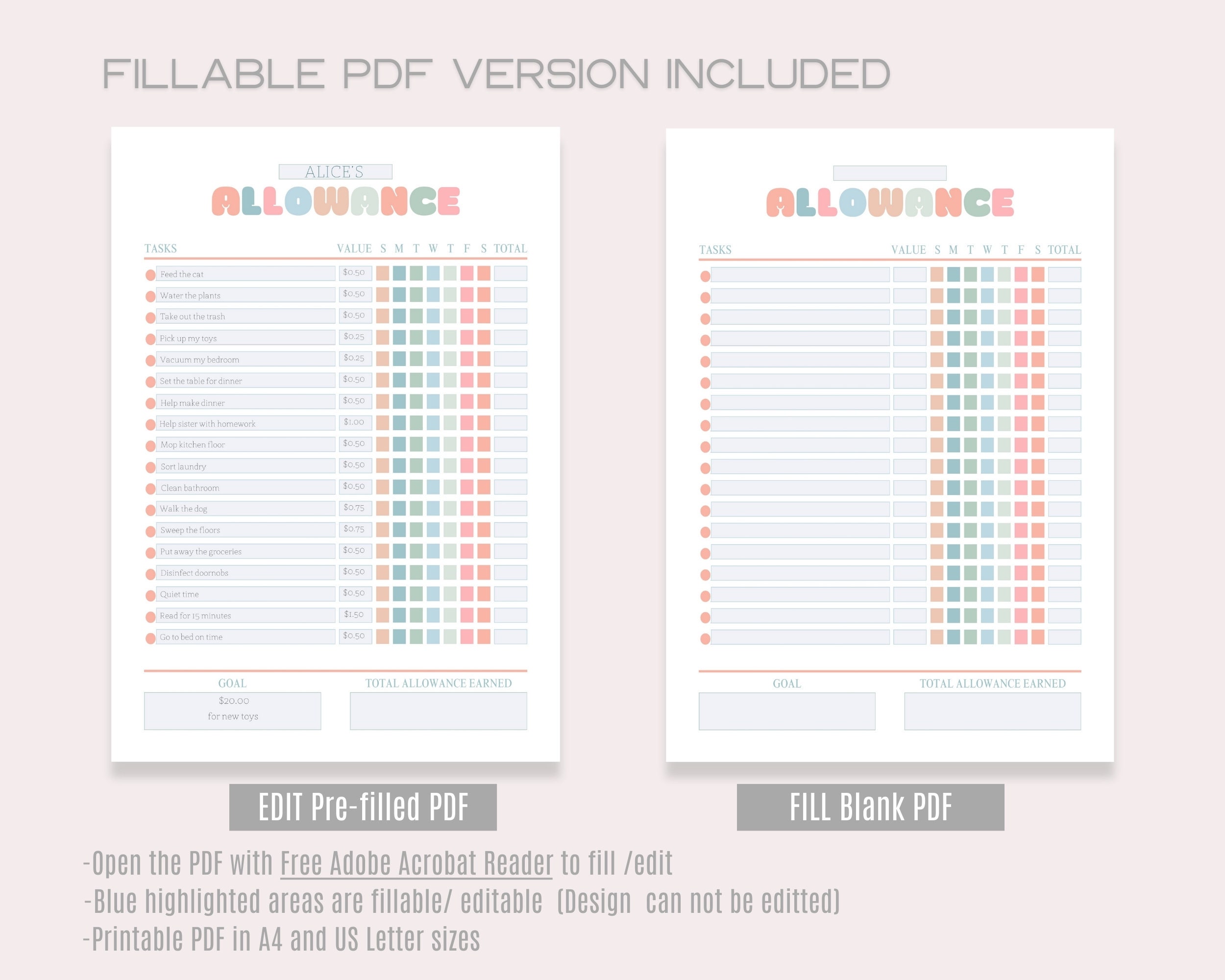 Allowance Chore Chart Editable Printable Earn Money Chart for Kids ...