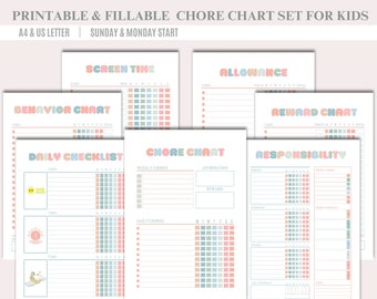 Chore Chart Bundle For Kids Printable Fillable  Behavior Chart Daily Checklist Responsibility Chart Allowance Chart Screen Time Reward Chart