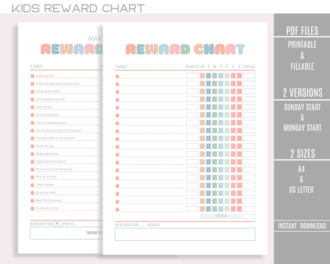 Buy Printable Fillable Reward Chart for Kids Editable Reward System ...