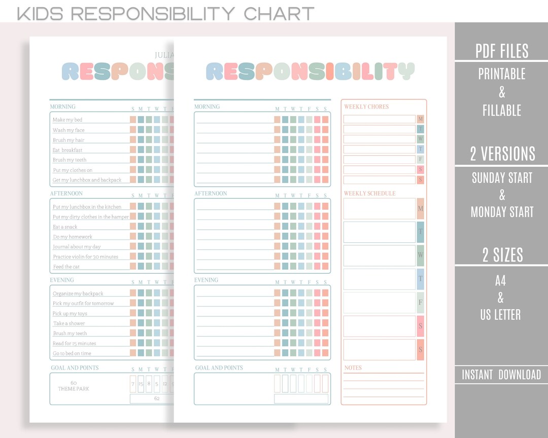 Daily Responsibility Chart for Kids Printable Fillable Kids Chore ...