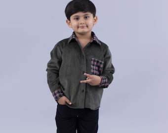 24 HOURS SHIPPING Boys' Green Corduroy Shirt & Navy Pants Set: Soft Velvet Outfit