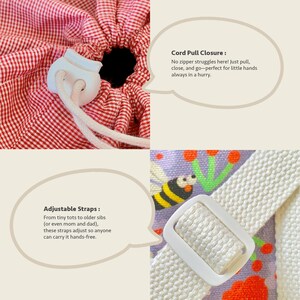 Close-up of cord pull closure and adjustable cotton strap details on Mapayah kids’ tote bag.