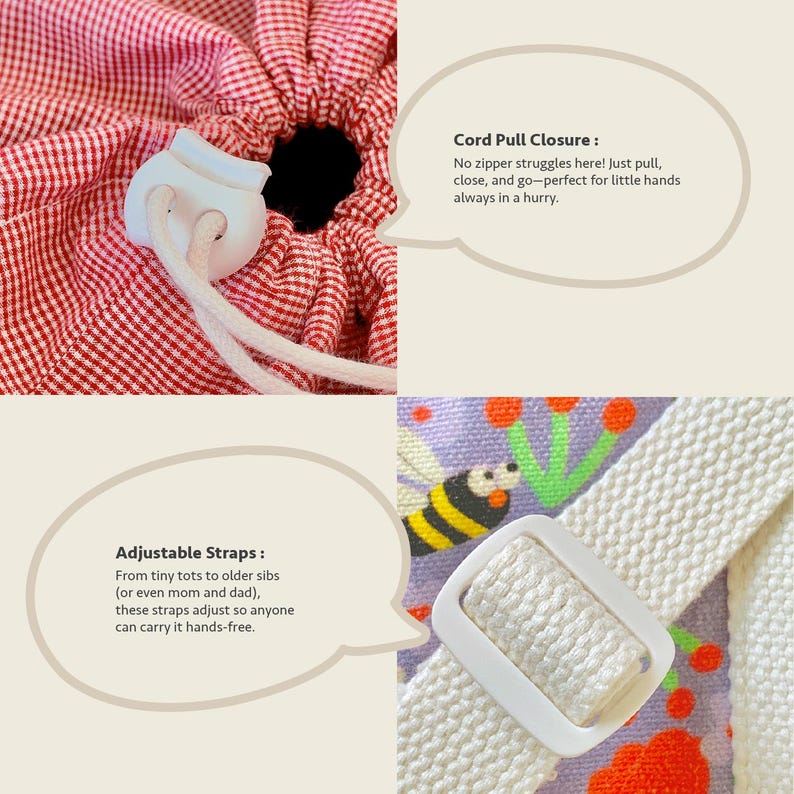 Close-up of cord pull closure and adjustable cotton strap details on Mapayah kids’ tote bag.
