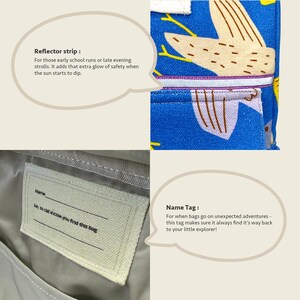 Close-up collage highlighting kids backpack features like reflector strip, name tag, and bright bird print - designed for safety and convenience.