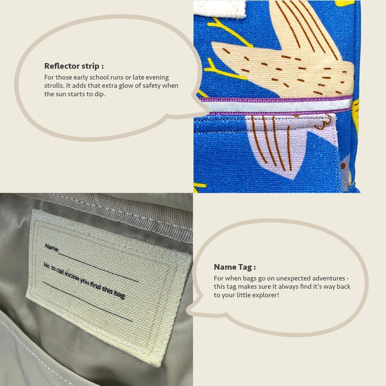Close-up collage highlighting kids backpack features like reflector strip, name tag, and bright bird print - designed for safety and convenience.