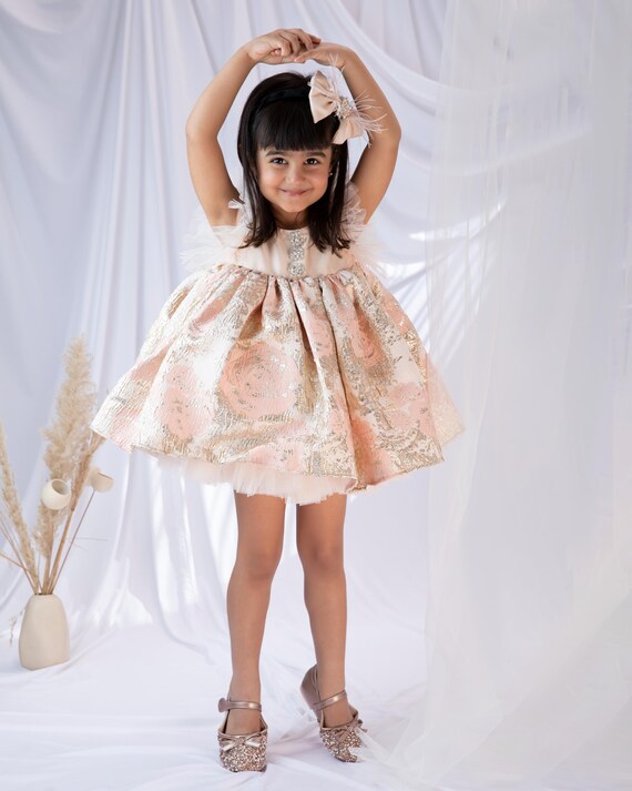 24 HOURS SHIPPING Blush Peach Jacquard Party Dress | Rhinestones & Feather Details | Hand-embroidered Floral Princess Outfit
