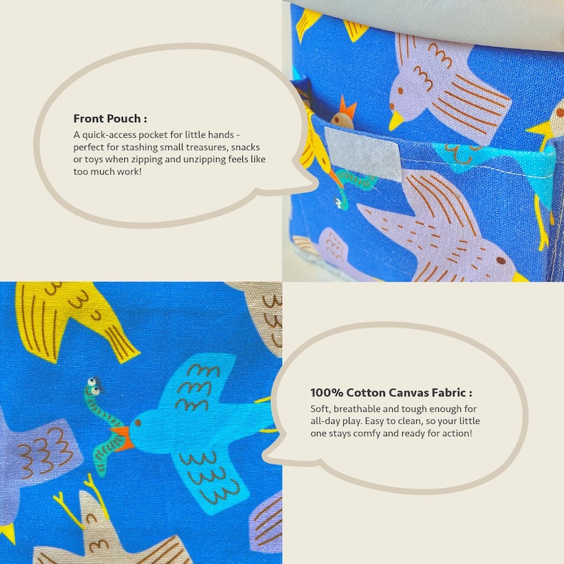 Feature collage showing 100% cotton canvas fabric, front pouch, and fun bird print — breathable, durable, and kid-friendly material.