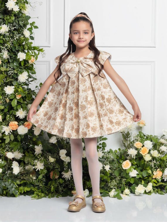 Rose Gold Jacquard Bow Dress | Partywear | Wedding Dresses | Birthday Outfits | Christmas Outfit Rose Gold Jacquard Bow Dress | Partywear | Wedding Dresses | Birthday Outfits | Christmas Outfit