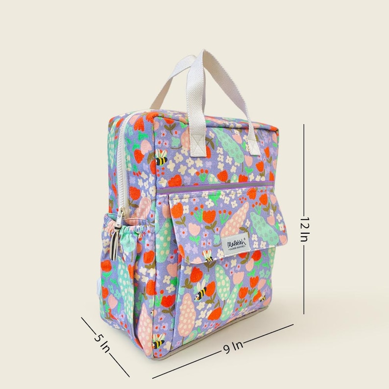 Kids floral backpack with dimensions 12x9x5 inches - compact yet roomy bag ideal for preschool or day trips.