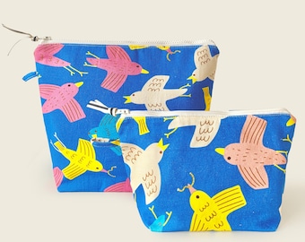 Kids Travel Pouch: Handmade Cotton Canvas Toiletry Bag with Bird Print