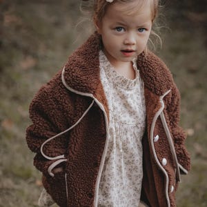 Kids Faux Sheepskin Jacket: Brown Shearling Trim, Cozy Winter Coat