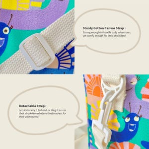 Close-up of detachable strap clip and sturdy cotton canvas strap on Mapayah kids’ tote bag.