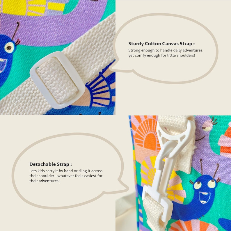 Close-up of detachable strap clip and sturdy cotton canvas strap on Mapayah kids’ tote bag.