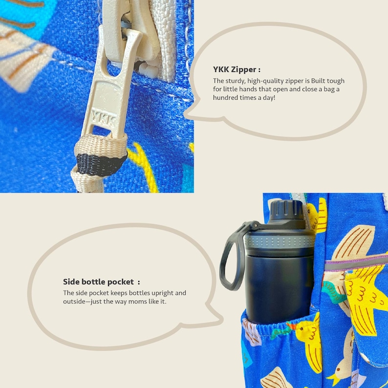 Detail shots of kids backpack showing durable YKK zipper and side bottle pocket - sturdy, easy-access design for little hands.