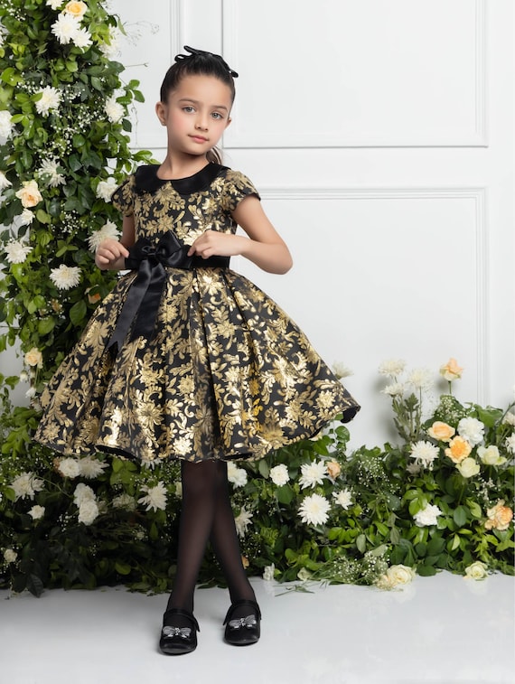 black dress with gold flowers Black Exquisite Golden flower appliqu dress