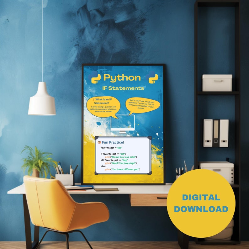 Kid friendly, educational poster explaining how to use IF statements in Python coding. Digital Download.