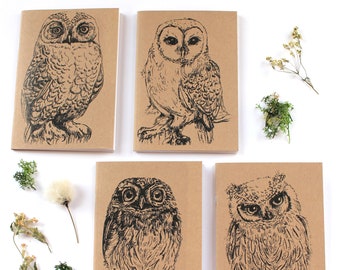 Owl Notebook 4 designs Barn Owl, Snowy Owl, Scops Owl, Little Owl