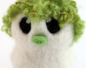 SALE Green Hairy Bird Needle Felted White One of A Kind Bird Mossy