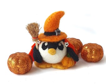 Needle Felted Pumpkin Witch Penguin Ornament Halloween Decoration