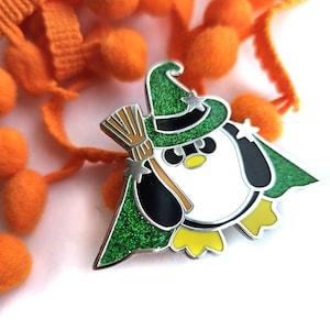 Green Glitter Witch Penguin Enamel Pin - Spooky Kooky Badge