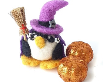 Needle Felted Purple Witch Penguin Ornament Halloween Decoration