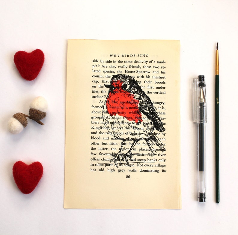 Robin Print, Bird Screen Print on Vintage Book Page Robin Print, Bird Screen Print on Vintage Book Page