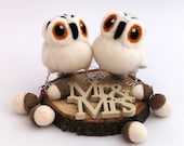 Mini Owl Wedding Cake Topper Snowy Owl Pair in Natural White Felt Birds