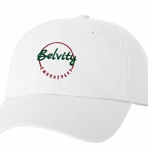 May include: White baseball cap with a red circle and the text "Belvity Embroidery" in green.