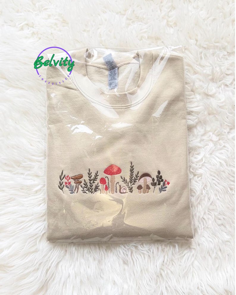 Embroidered Mushroom Sweatshirt - Botany Embroidered Crewneck - Cottage Core Embroidery Shirt - Embroidered Mushroom Crewneck Sweatshirt zdjęcie 15