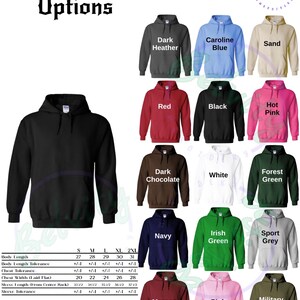 May include: Unisex hoodie options in a variety of colors, including dark heather, Caroline blue, sand, red, black, hot pink, dark chocolate, white, forest green, navy, Irish green, sport grey, maroon, pink, and military green. The size chart shows measurements in inches for sizes S, M, L, XL, and 2XL.