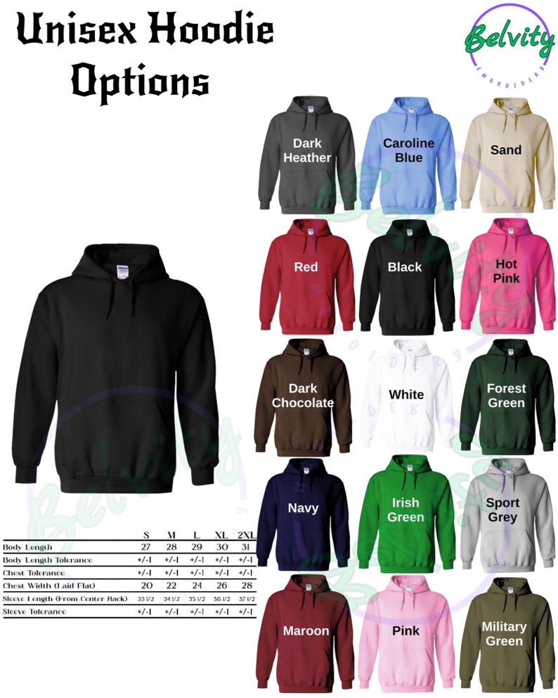 May include: Unisex hoodie options in a variety of colors, including dark heather, Caroline blue, sand, red, black, hot pink, dark chocolate, white, forest green, navy, Irish green, sport grey, maroon, pink, and military green. The size chart shows measurements in inches for sizes S, M, L, XL, and 2XL.