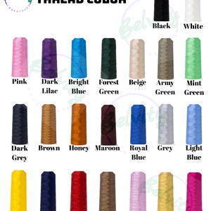 May include: A chart of thread spools in various colors, including black, white, pink, dark lilac, bright blue, forest green, beige, army green, mint green, dark grey, brown, honey, maroon, royal blue, grey, light blue, yellow, navy, red, dark brown, lilac, tan, and hot pink.
