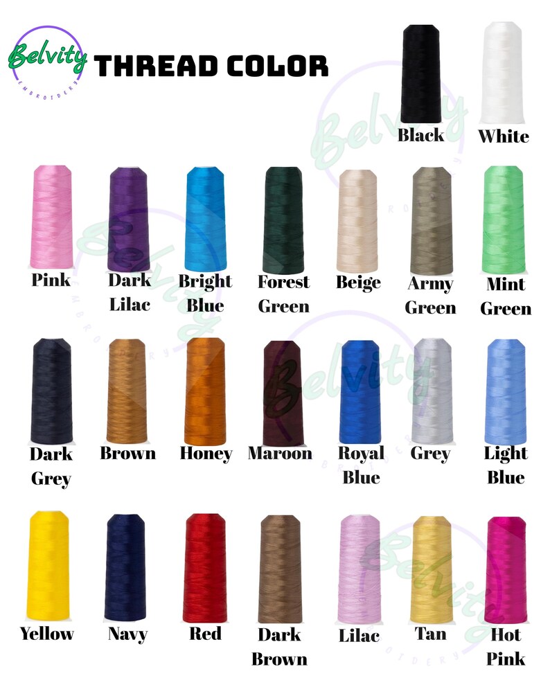 May include: A chart of thread spools in various colors, including black, white, pink, dark lilac, bright blue, forest green, beige, army green, mint green, dark grey, brown, honey, maroon, royal blue, grey, light blue, yellow, navy, red, dark brown, lilac, tan, and hot pink.