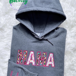 Personalized Mama Embroidered Hoodie: Floral Mom Sweatshirt