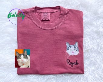 Custom Embroidered Pet Portrait T-Shirt - Comfort Colors Dog Mom Gift