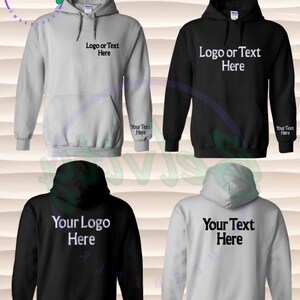 May include: Four hooded sweatshirts, two black and two gray, with customizable text options. The text on the sweatshirts reads "Logo or Text Here" and "Your Logo Here" and "Your Text Here".