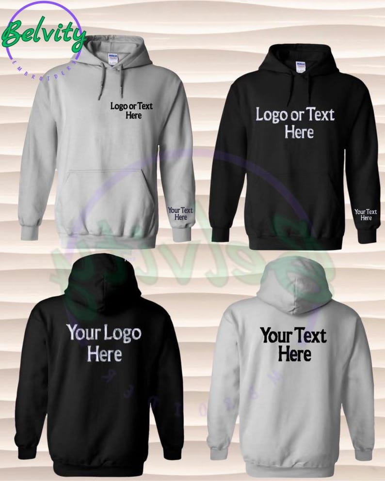 May include: Four hooded sweatshirts, two black and two gray, with customizable text options. The text on the sweatshirts reads "Logo or Text Here" and "Your Logo Here" and "Your Text Here".