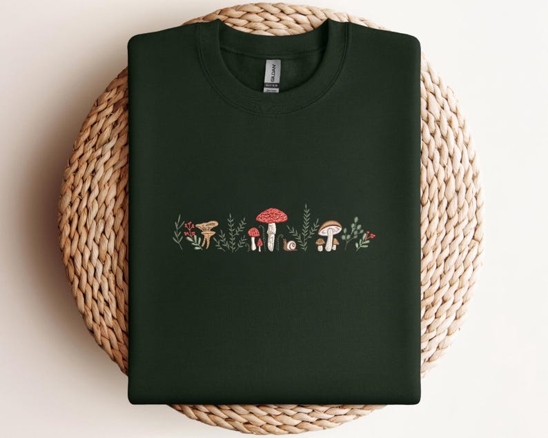 Embroidered Mushroom Sweatshirt - Botany Embroidered Crewneck - Cottage Core Embroidery Shirt - Embroidered Mushroom Crewneck Sweatshirt zdjęcie 11