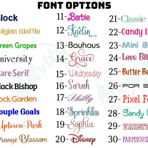 May include: A list of 30 different font options for customizing text. The fonts are displayed in a numbered list with a sample of each font style.