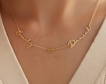 Custom Double Name Necklace, Gold Plated Sterling Silver Script Heart Charm, Engraved Friendship Jewelry, Meaningful Anniversary Gift