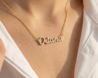 Personalized Name Necklace with Stones, Custom Sparkly Cursive Nameplate Necklace, Gold Script Jewelry, Gift for Her, Bridesmaid Gift, Mom
